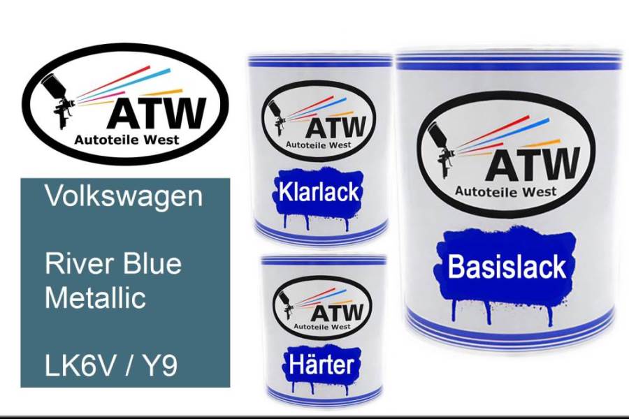 Volkswagen, River Blue Metallic, LK6V / Y9: 1L Lackdose + 1L Klarlack + 500ml Härter - Set, von ATW Autoteile West.